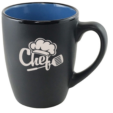 Cottager 12oz matte black mug with sky blue interior - Etched