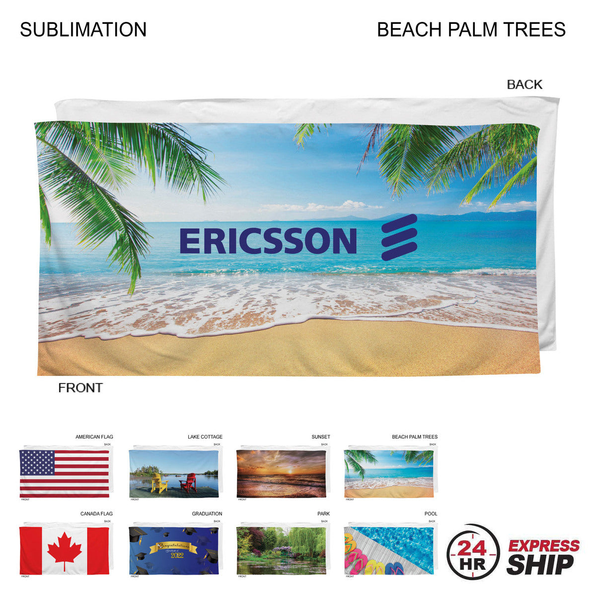 24 Hr Express Ship - Stock Design Sublimated, Heaviest Weight, Plush Velour Terry Beach Towel, 30x60