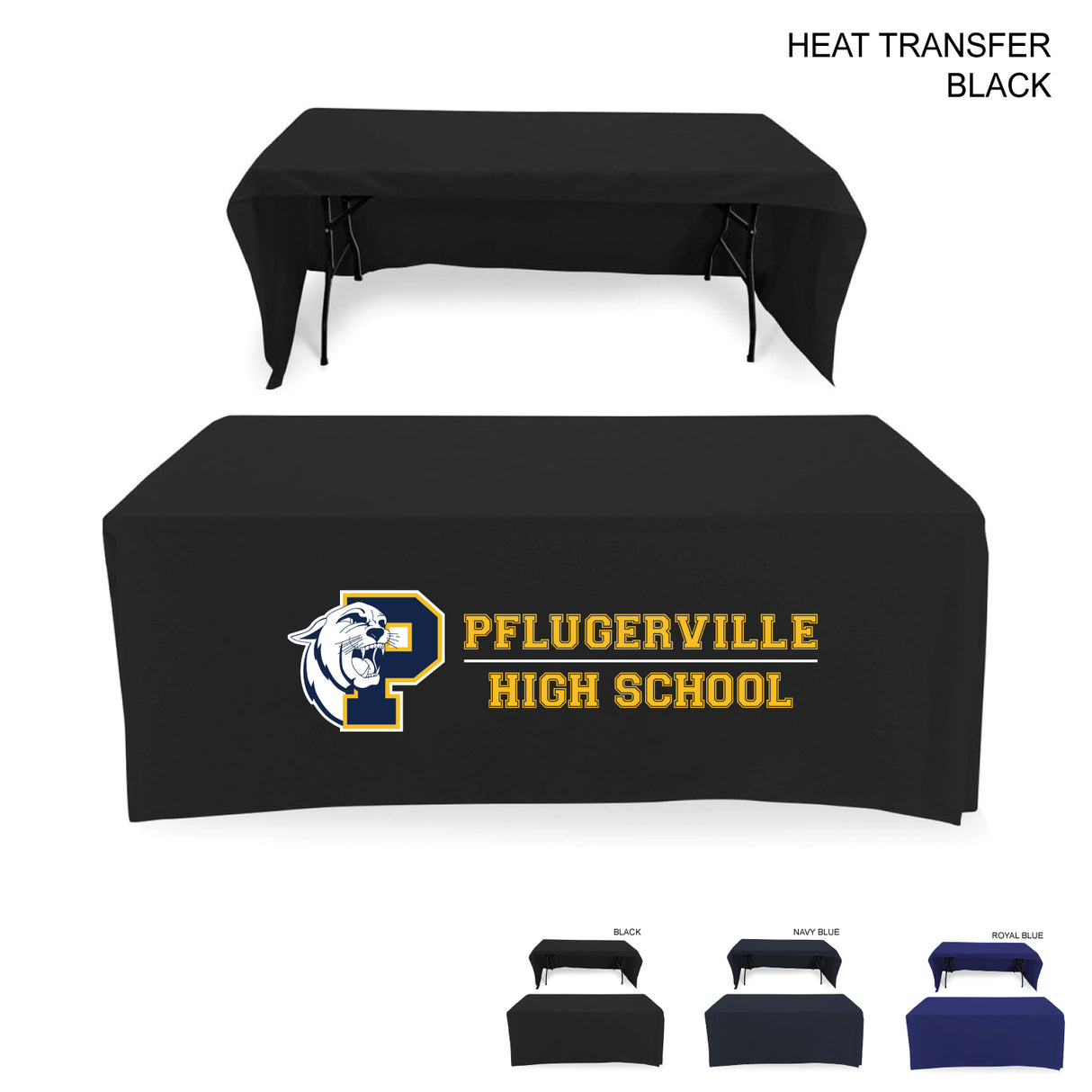 Polycotton Twill Table Throw for 6' Table, Drape style, 3 sided, Open Back, Heat Transfer Logo