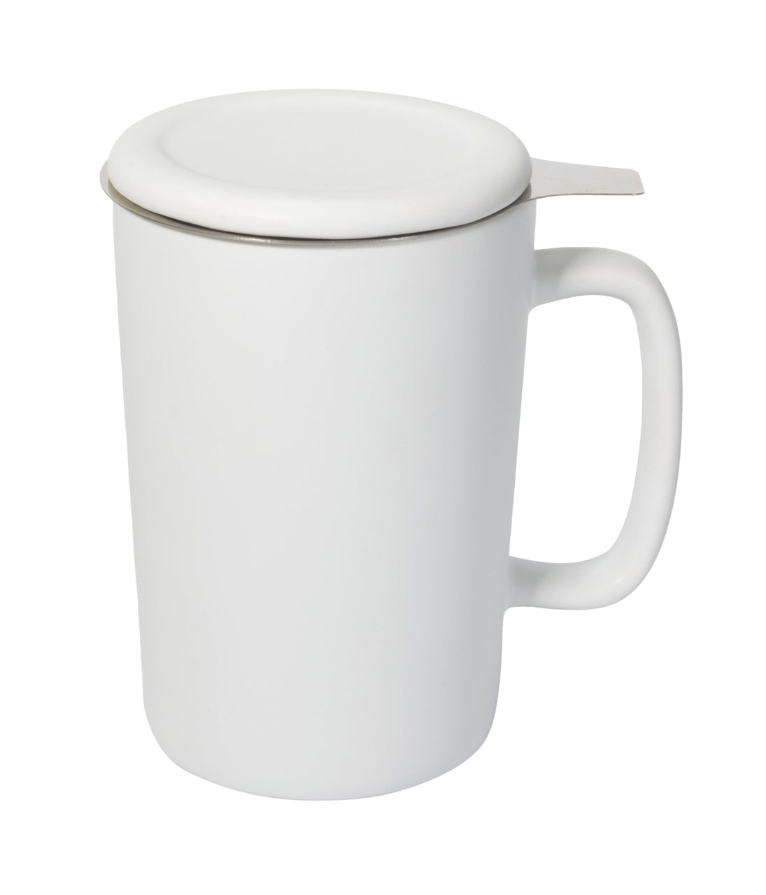 Ceylon 13oz white ceramic mug with lid & stainless steel tea strainer in Ripple gift box