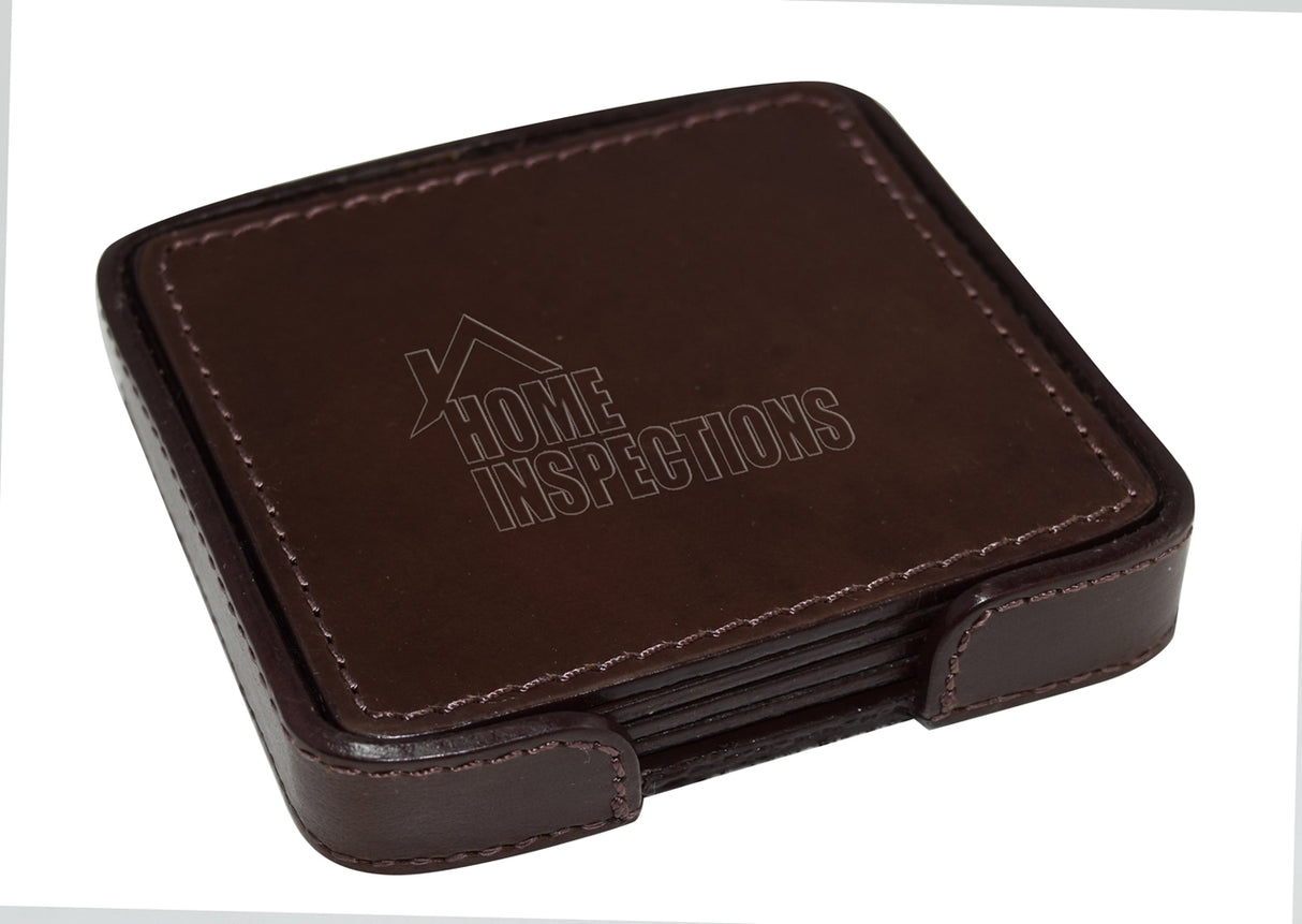 Set of 4 Genuine Leather Square Coasters with Stitched Edge in Holder - brown