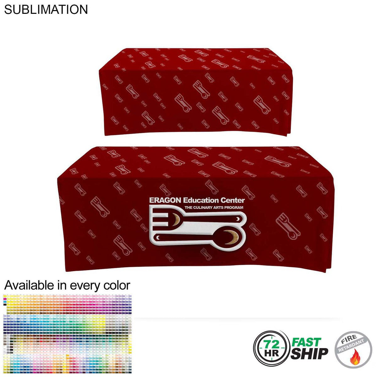 72 Hr Fast Ship - Sublimated Box Style Fitted Tablecloth for 6' Table, 4 sided, Closed Back