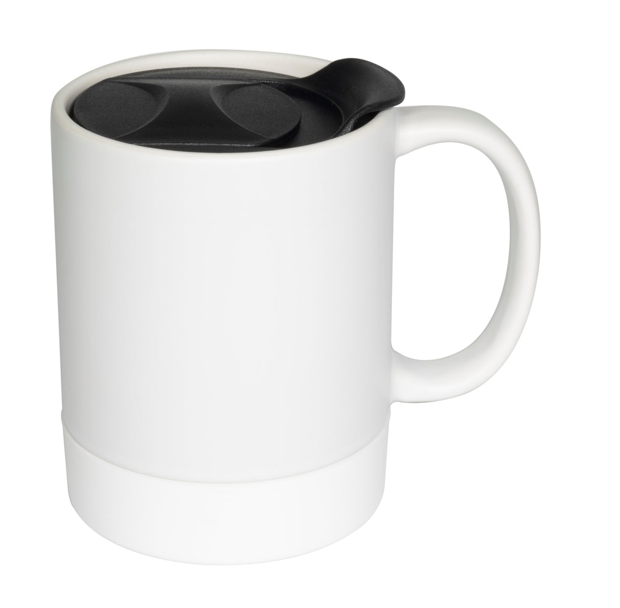 Parkdale 12oz matte white ceramic mug with whitesilicone base & black slide lid in Ripple box