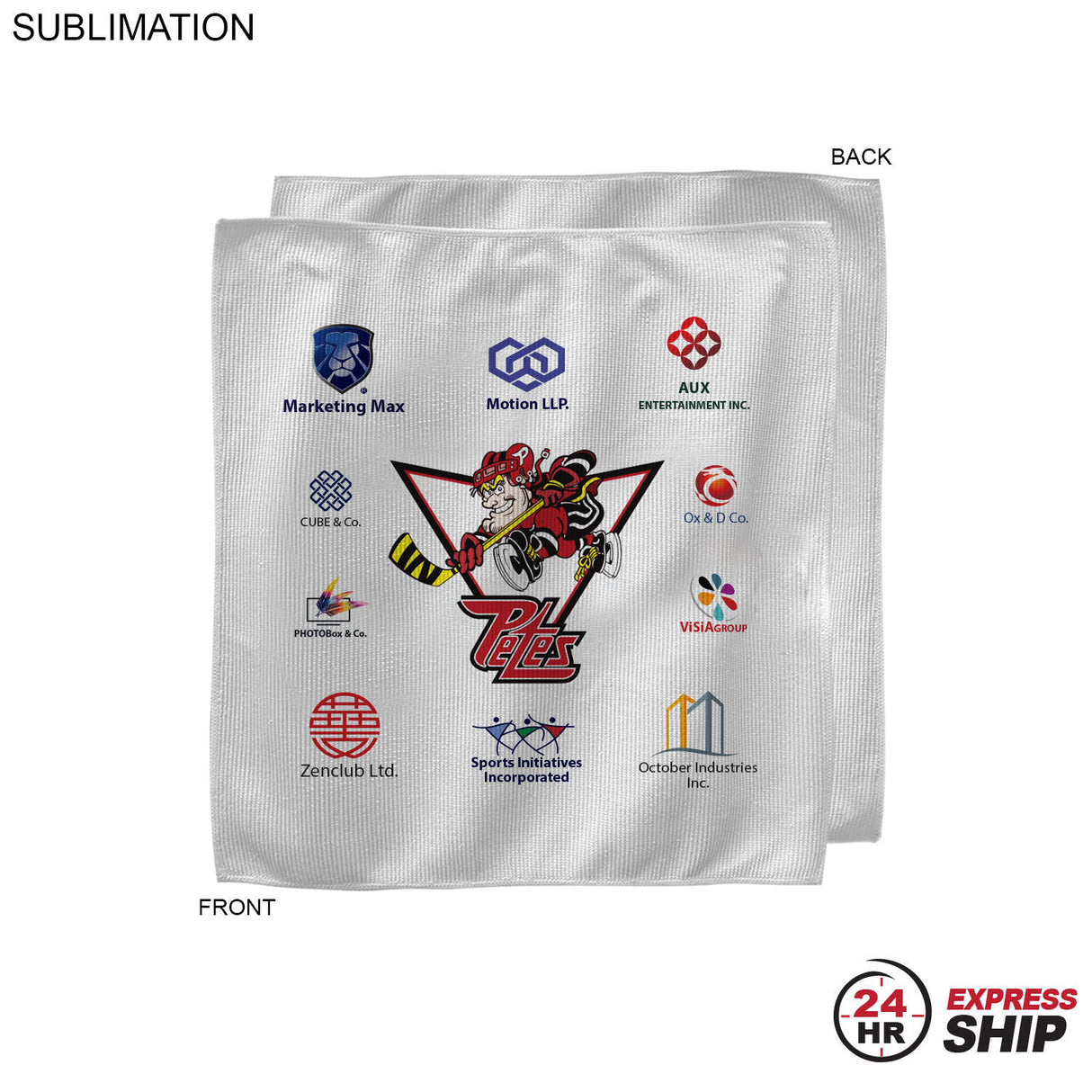 24 Hr Express - White Microfiber Dri-Lite Terry Sponsorship Rally Towel, 12x12, Sublimated