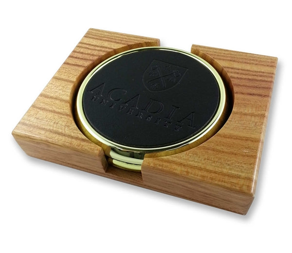 ~ S/2 gold coasters with oak holder