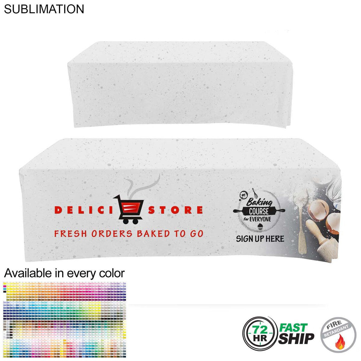 72 Hr Fast Ship - Sublimated Box Style Fitted Tablecloth for 8' Table, 4 sided, Closed back