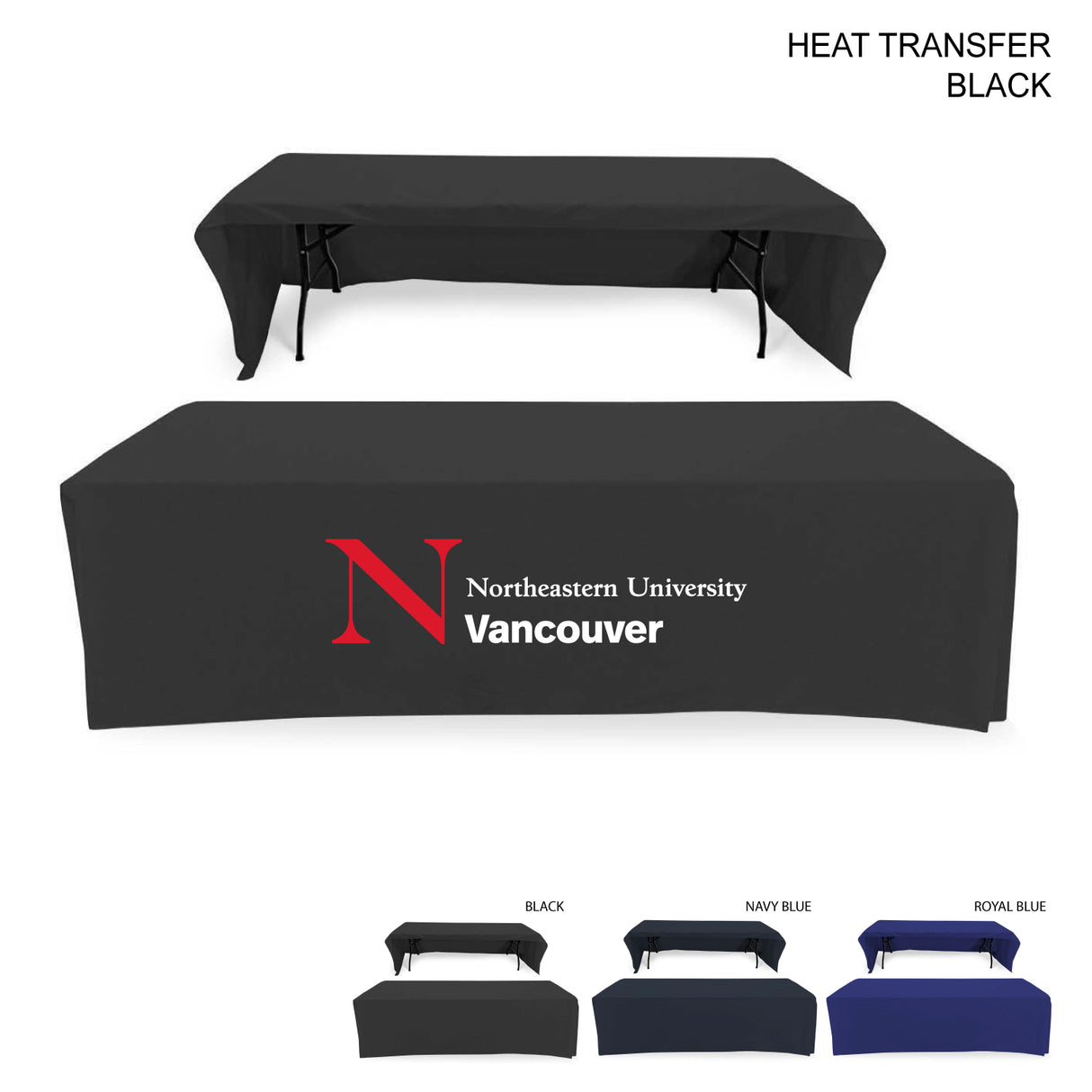 Polycotton Twill Table Throw for 8' Table, Drape style, 3 sided, Open Back, Heat Transfer logo
