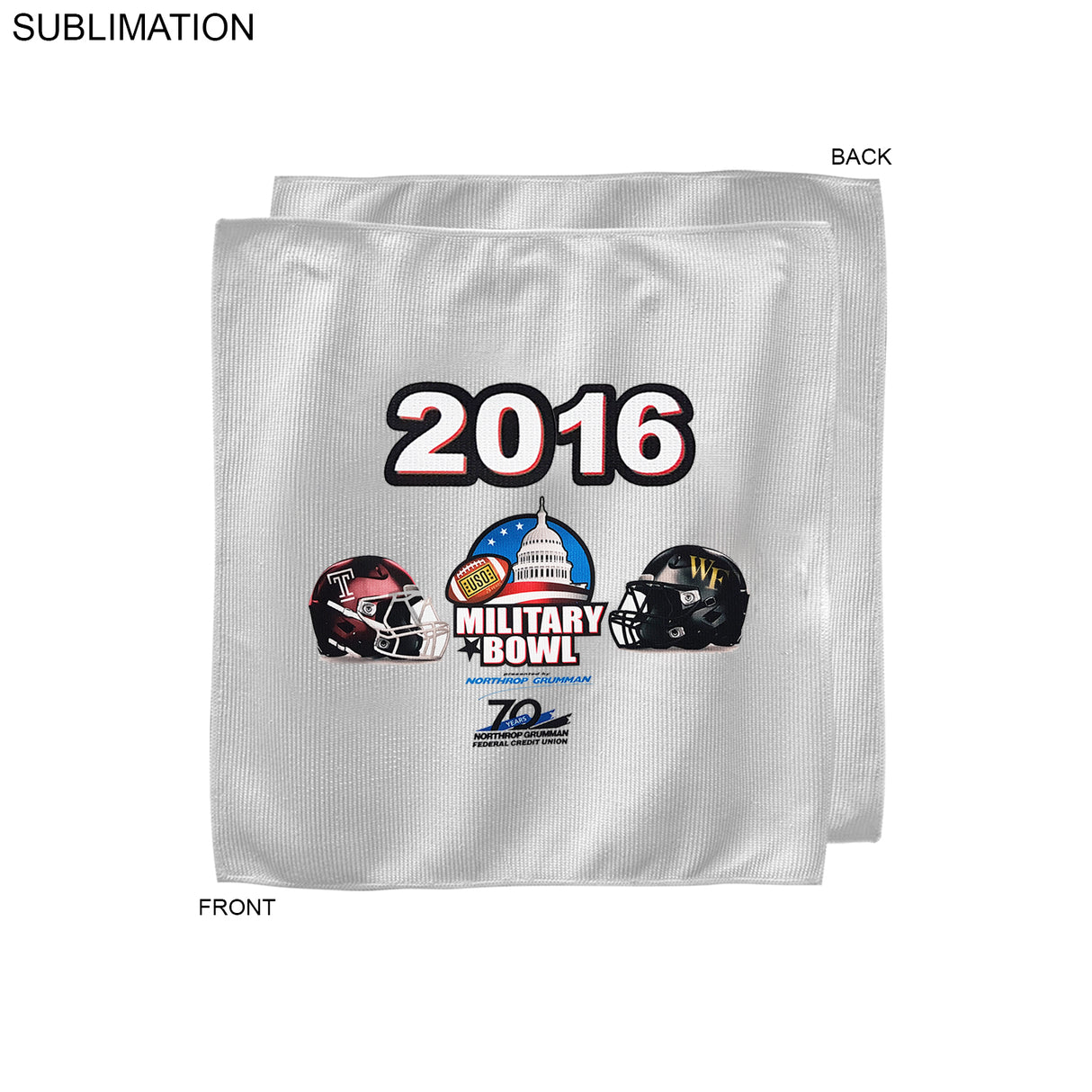 Bowl Game Rally Towel in Microfiber Dri-Lite Terry, 10x10, Sublimated Full color Logos