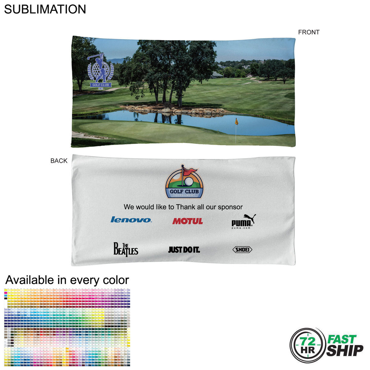 72 Hr Fast Ship - Golf Caddie Tournament Towel in Microfiber Terry, 20"x40", Sublimated 2 sides