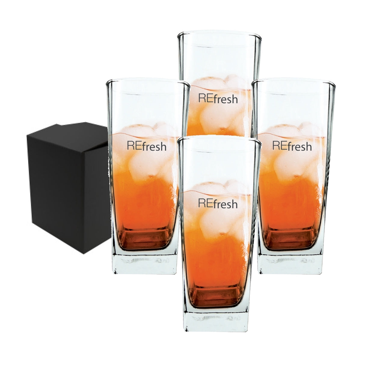 ~ Sterling square highball 16oz clear glass S/4 in a Sable Gift box