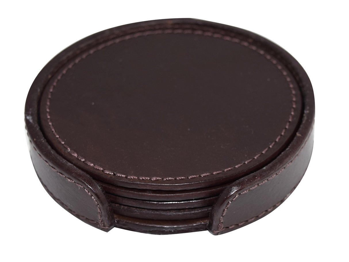 Set of 4 Genuine Leather Round Coasters with Stitched Edge in Holder - brown