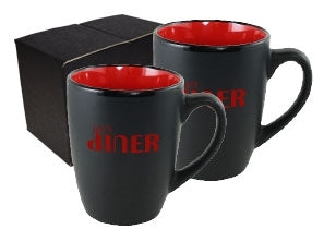 ~Cottager 12oz matte black mug with red interior S/2 in Mystique gift box