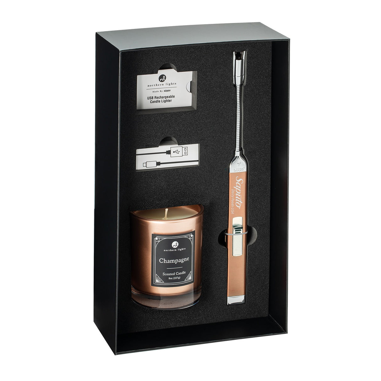Zippo® Rose Gold Rechargeable Candle Lighter & 8 oz Champagne Candle Gift Set