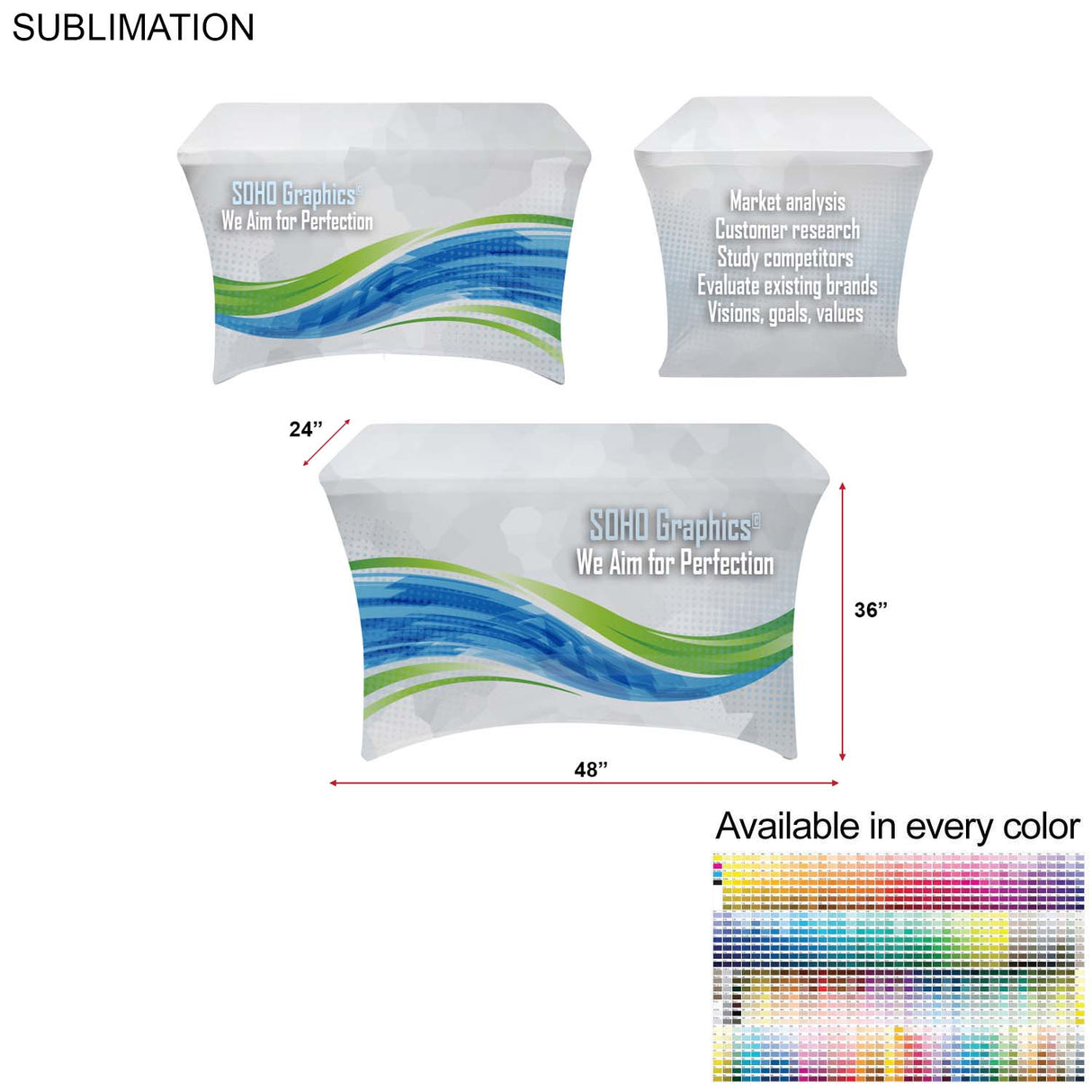 Sublimated Stretch Curved Fit Table Throw for 4ft Demo, Sampling Table, 4 sided, Closed Back