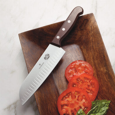 7'' Wood Santoku Knife w/Granton Blade