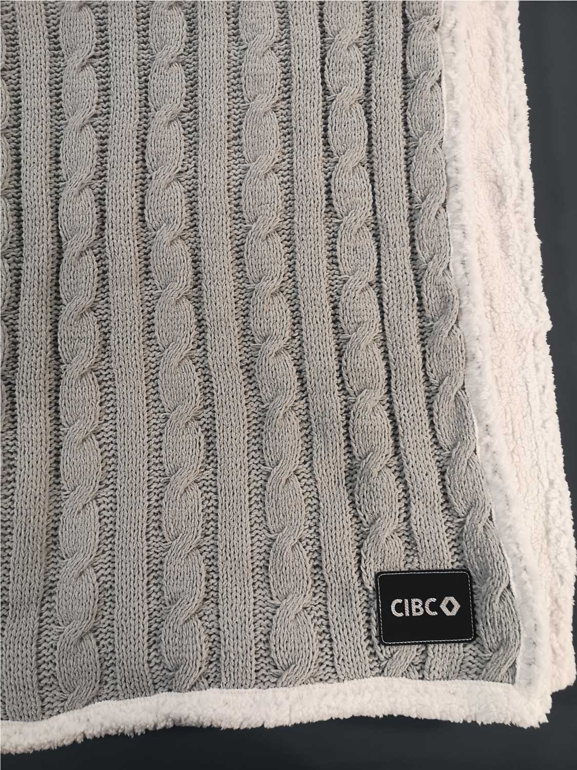 Cable Knit Chenille Sherpa Throw, with Lasered logo patch, NO SETUP CHARGE