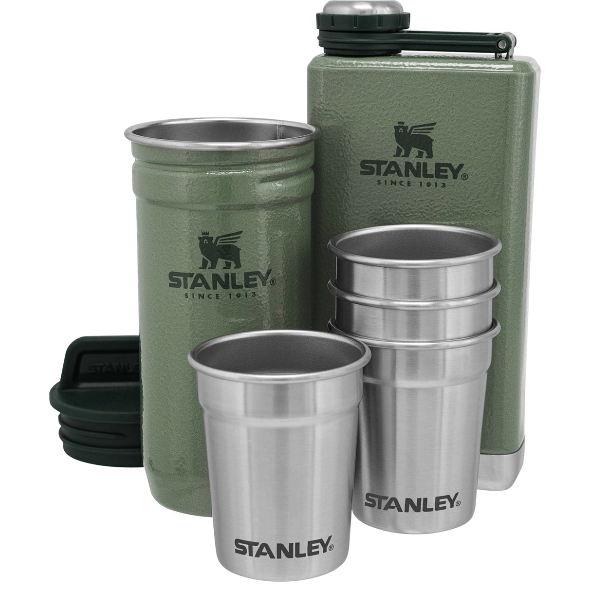 Stanley® Adventure 8oz flask & holder, 4- 2oz SS shot glasses set green