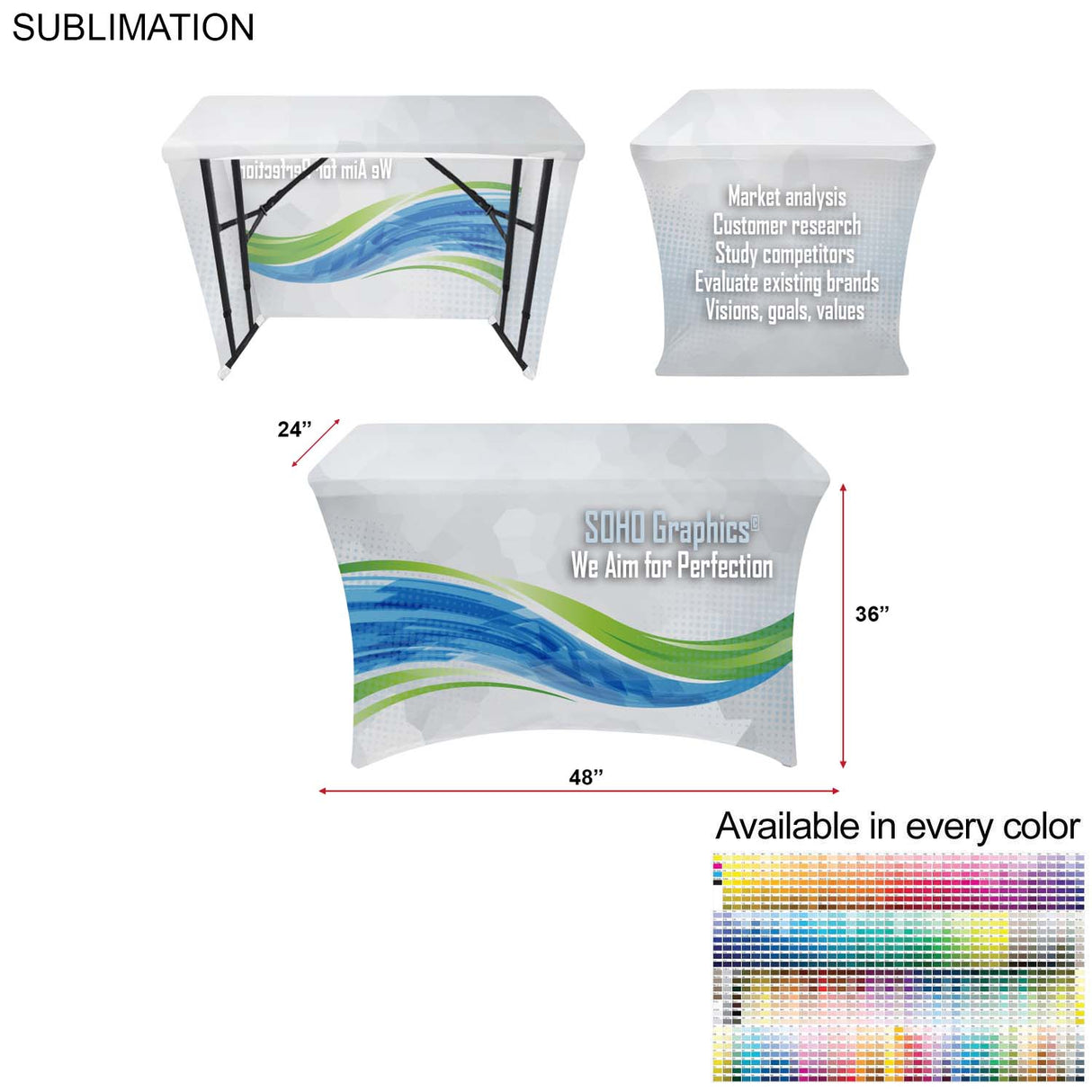 Sublimated Stretch Curved Fit Table Throw for 4ft Demo, Sampling Table, 3 sided, Open Back