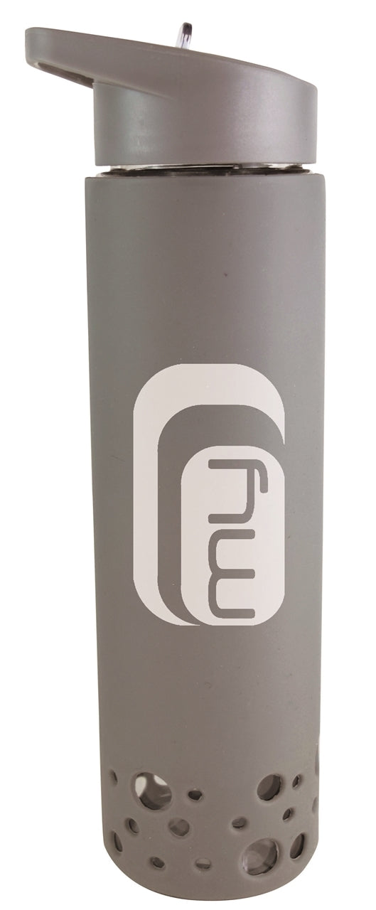 Lucia 18oz glass water bottle with grey silicone lid and sleeve in gift box