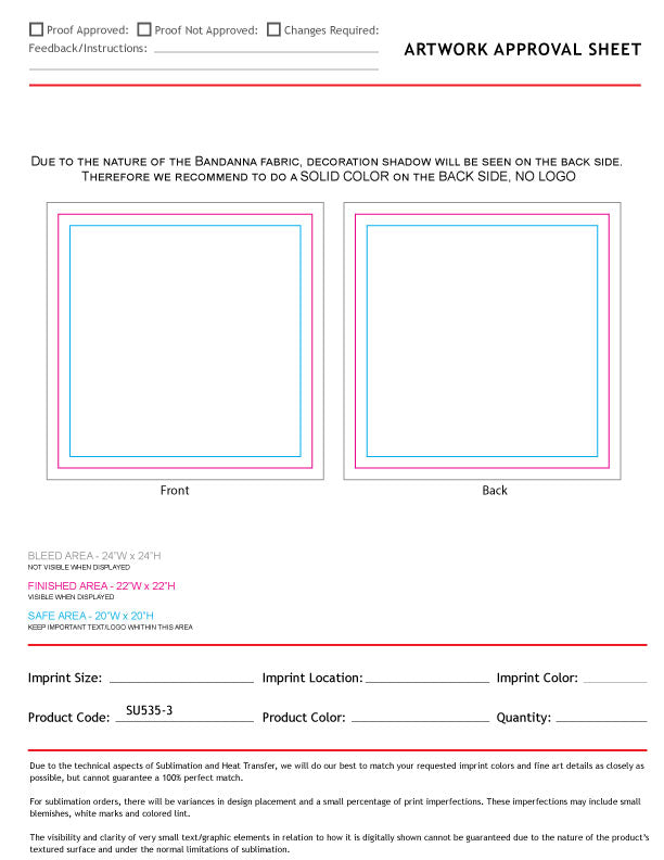 Colored Sublimated Bandana, 22x22, Sublimated Edge to Edge 2 sides