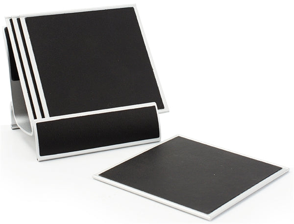 Set of 4 aluminum and bonded leather coasters with holder