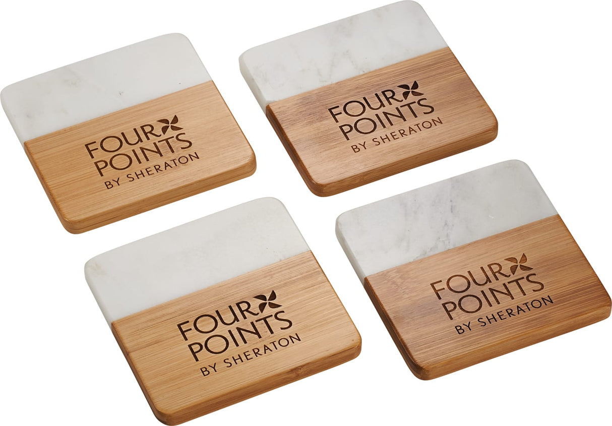 Marble and Bamboo Coaster Set