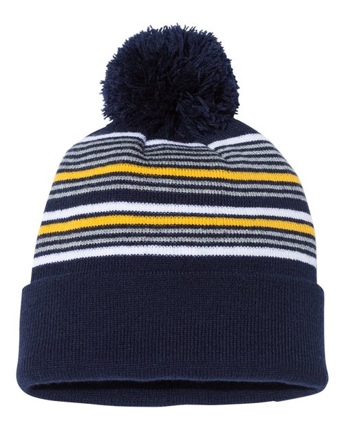 000466 Sportsman 12" Striped Pom-Pom Knit Beanie