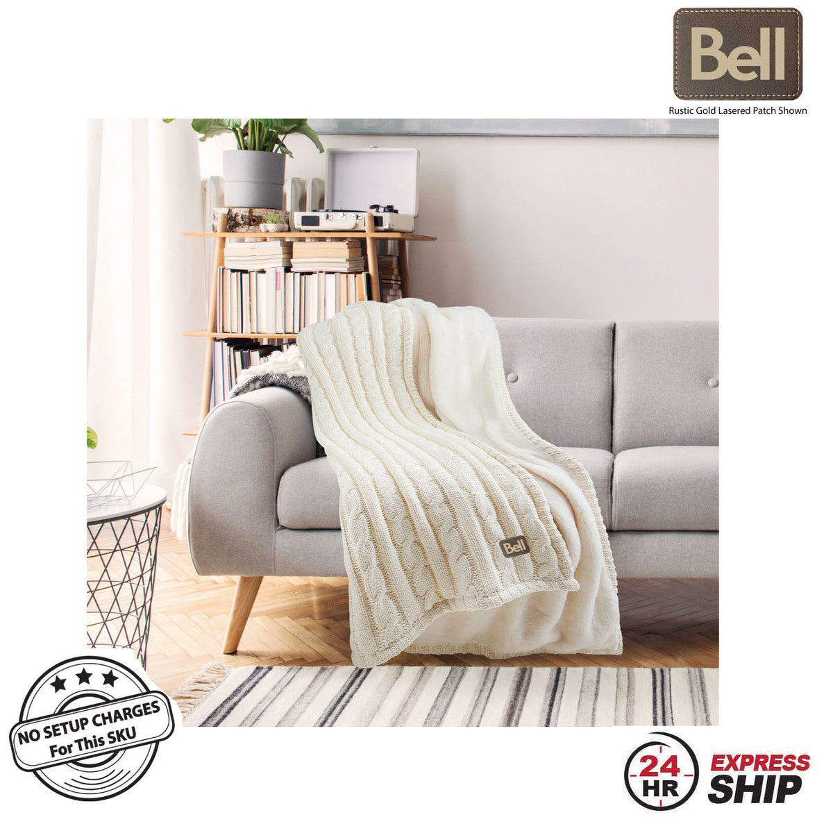24 Hr Express Ship -Premium Cable Knit Cotton Throw, 50x60, with Lasered logo patch, NO SETUP CHARGE