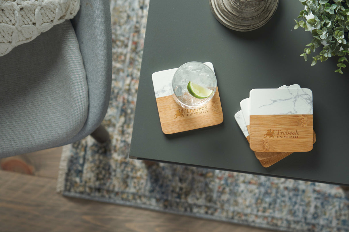Marble and Bamboo Coaster Set