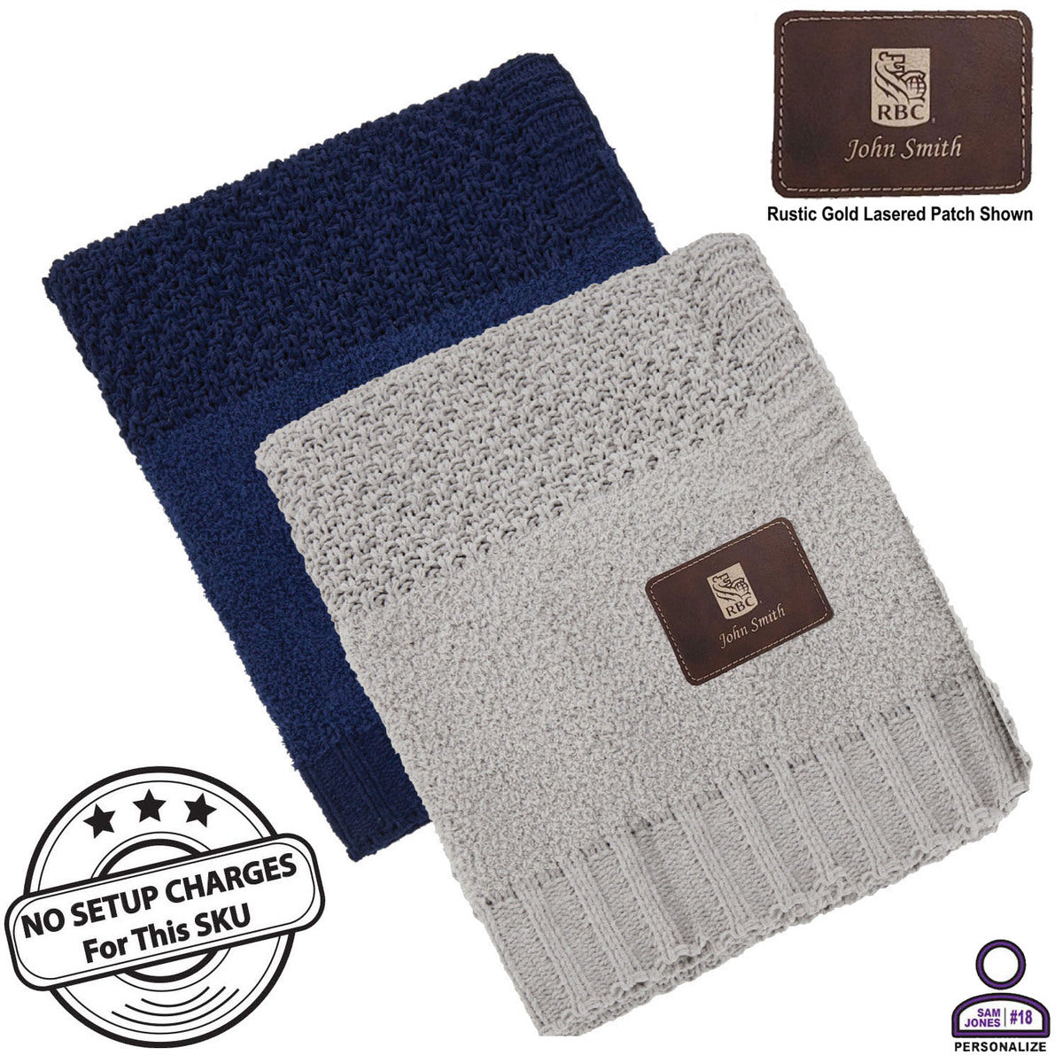 Personalized Crochet Knit Blanket, 50x60, with Lasered logo patch, NO SETUP CHARGE