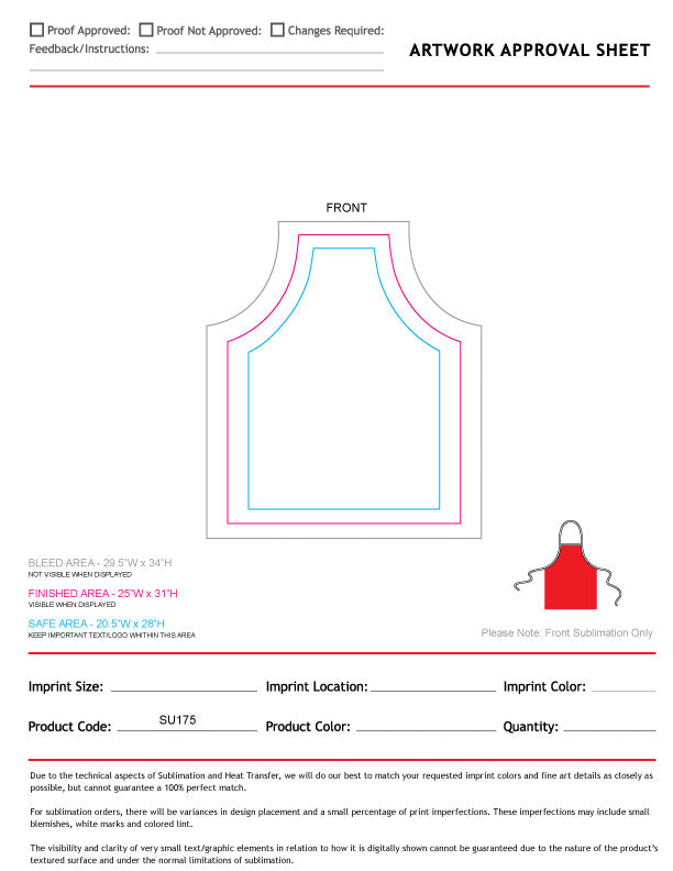 Domestic made Bib Apron, 25x31, No Pockets, Fully Sublimated Background, White or Stock Colored Ties