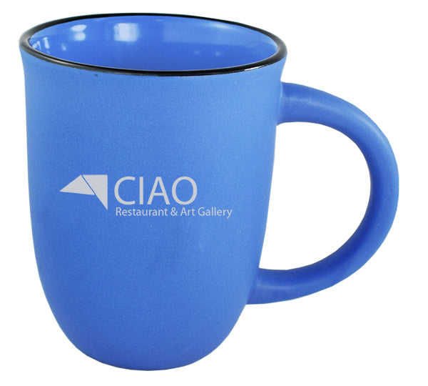 Salem 14oz blue matte ceramic mug with black trim