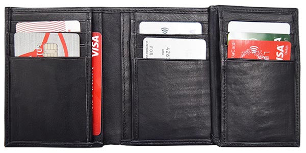 Leather Tri-Fold Wallet black smooth sheep nappa leather, RFID