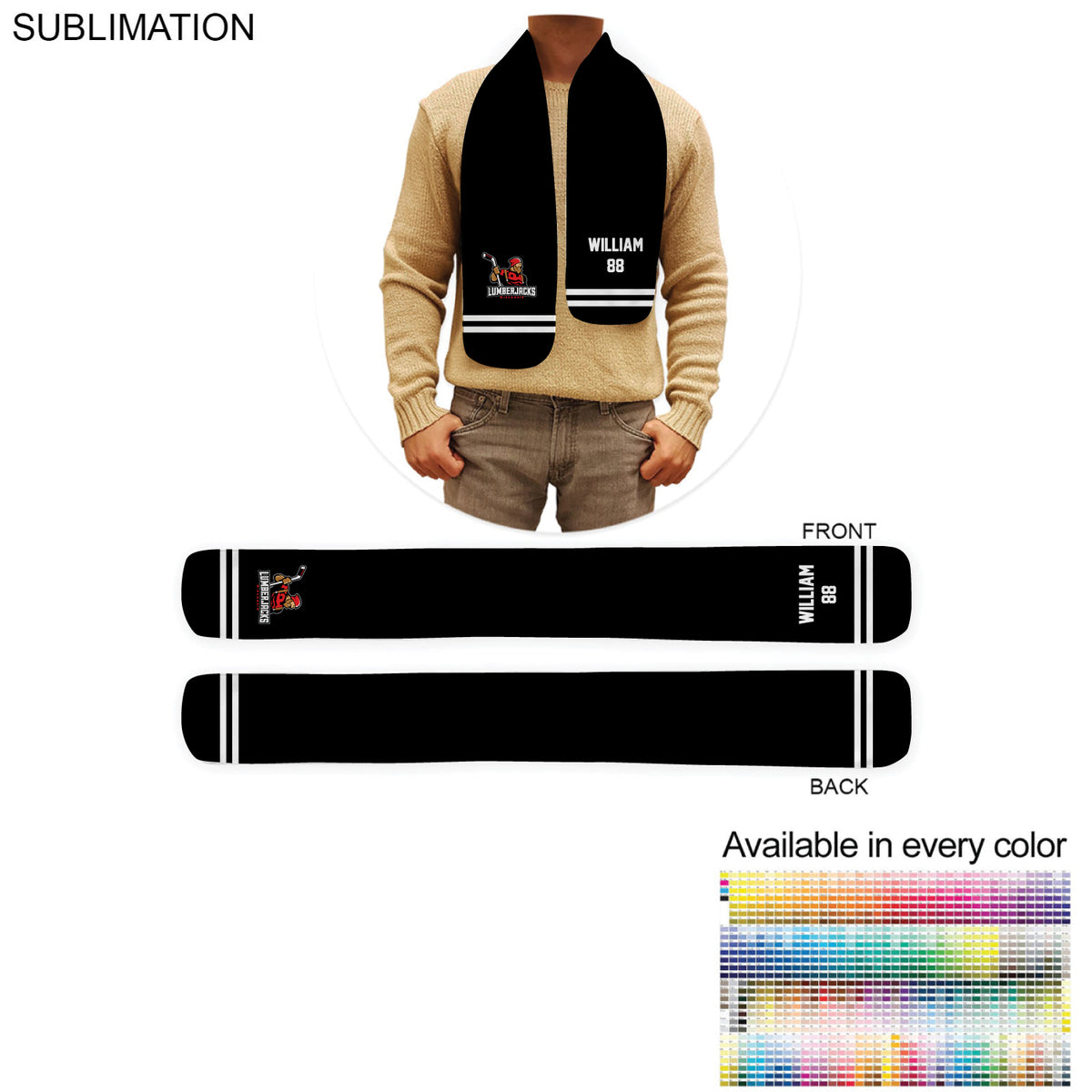 Team Scarf in Ultra Soft and Smooth Microfleece Scarf, 6x50, Sublimated Edge to Edge BOTH sides