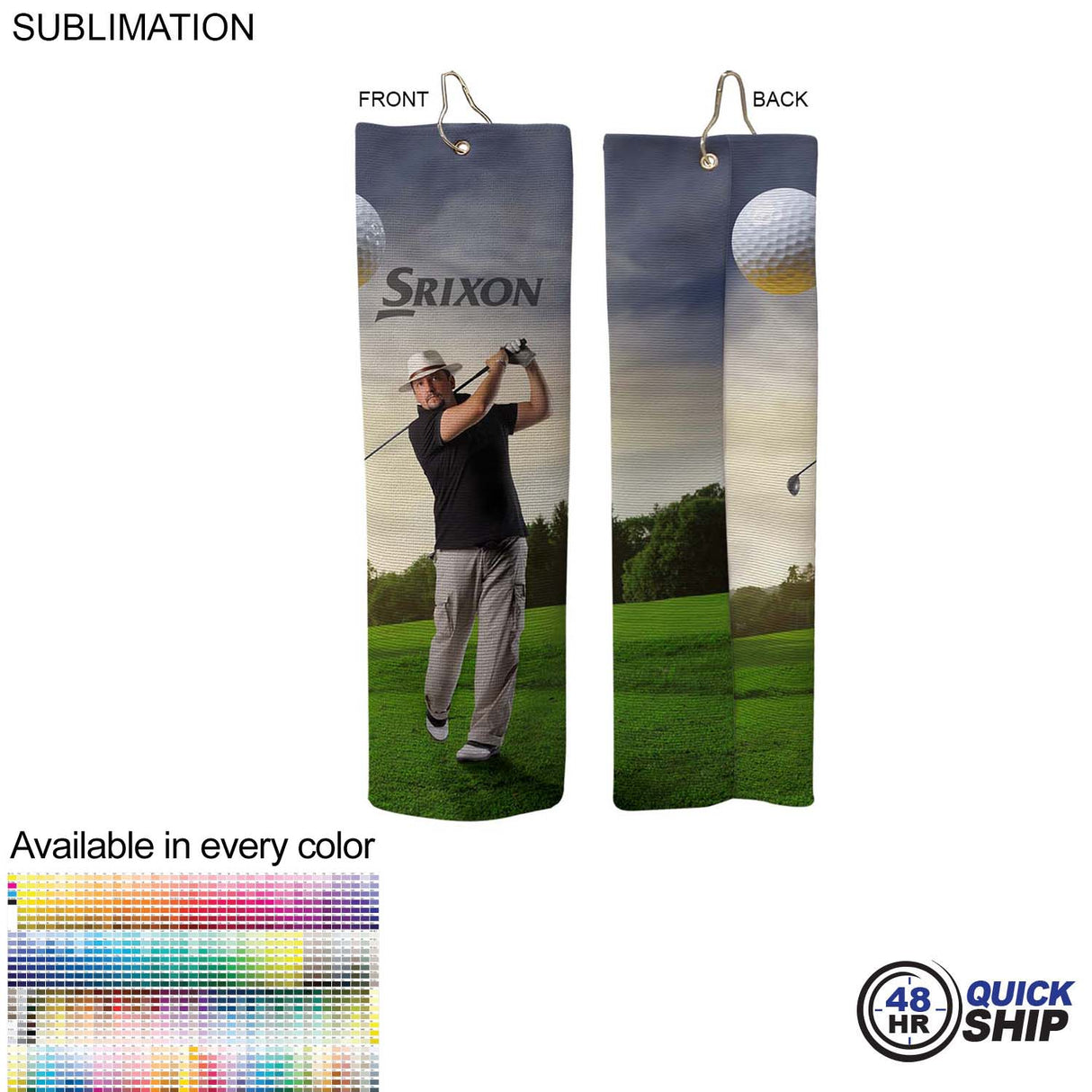 48Hr Quick Ship-Microfiber Dri-Lite Terry Golf Towel, 18" length, Trifold Grommet & Hook, Sublimated
