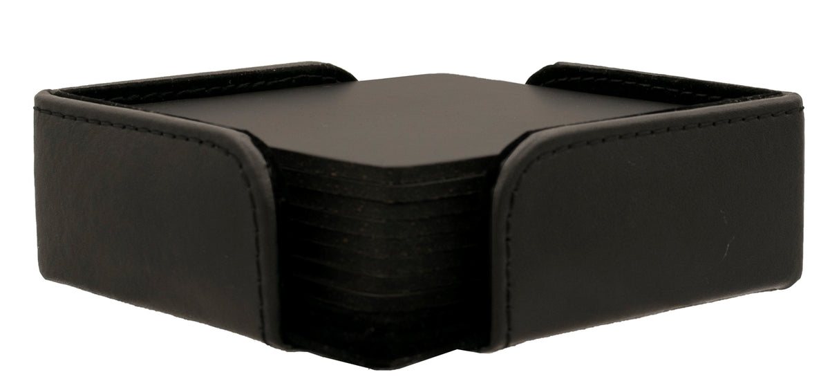 Set of 8 square black thick European bonded leather coasters with holder