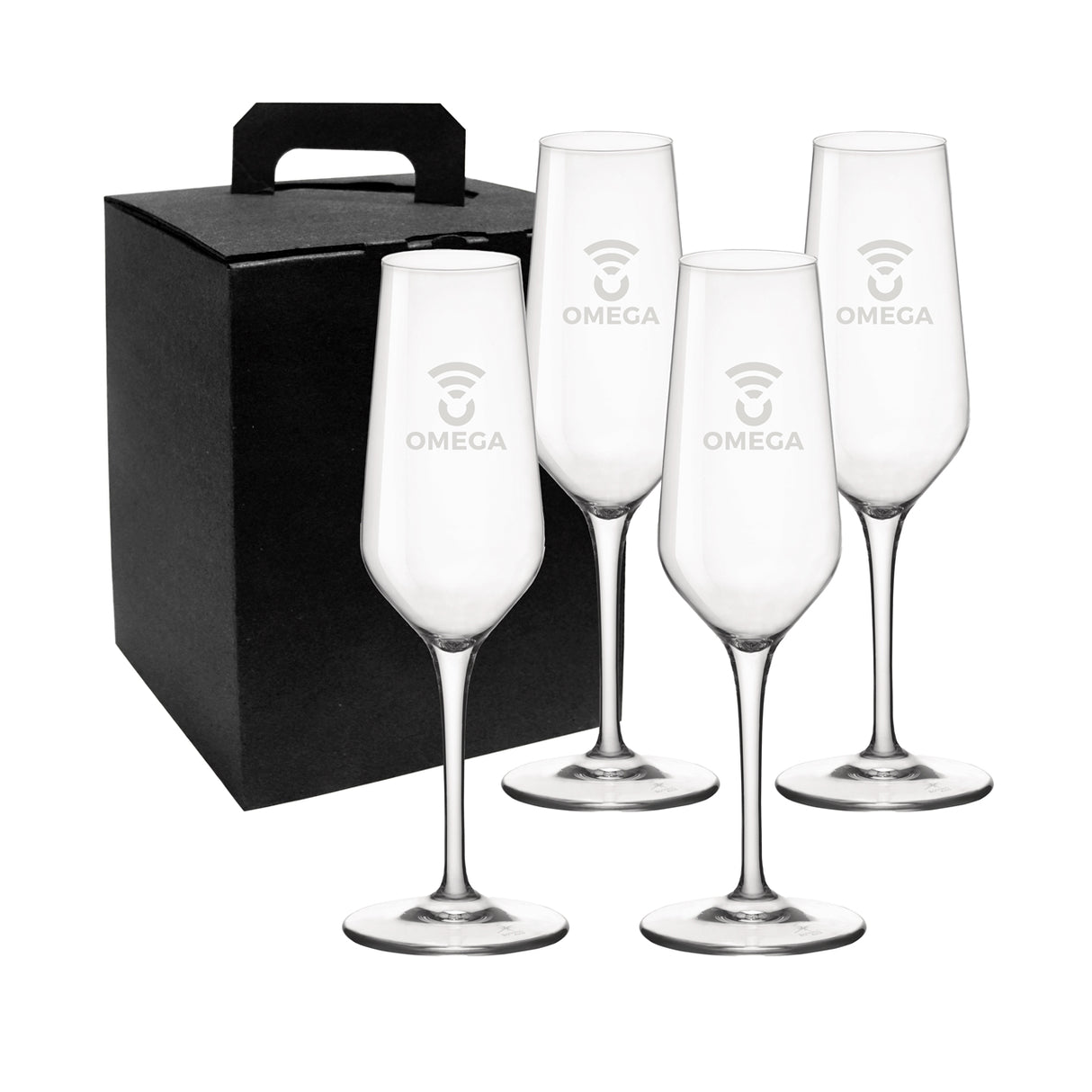 ~ Bormioli Rocco Electra Champagne 7.75oz stemmed crystal flute S/4 in a Noir gift box