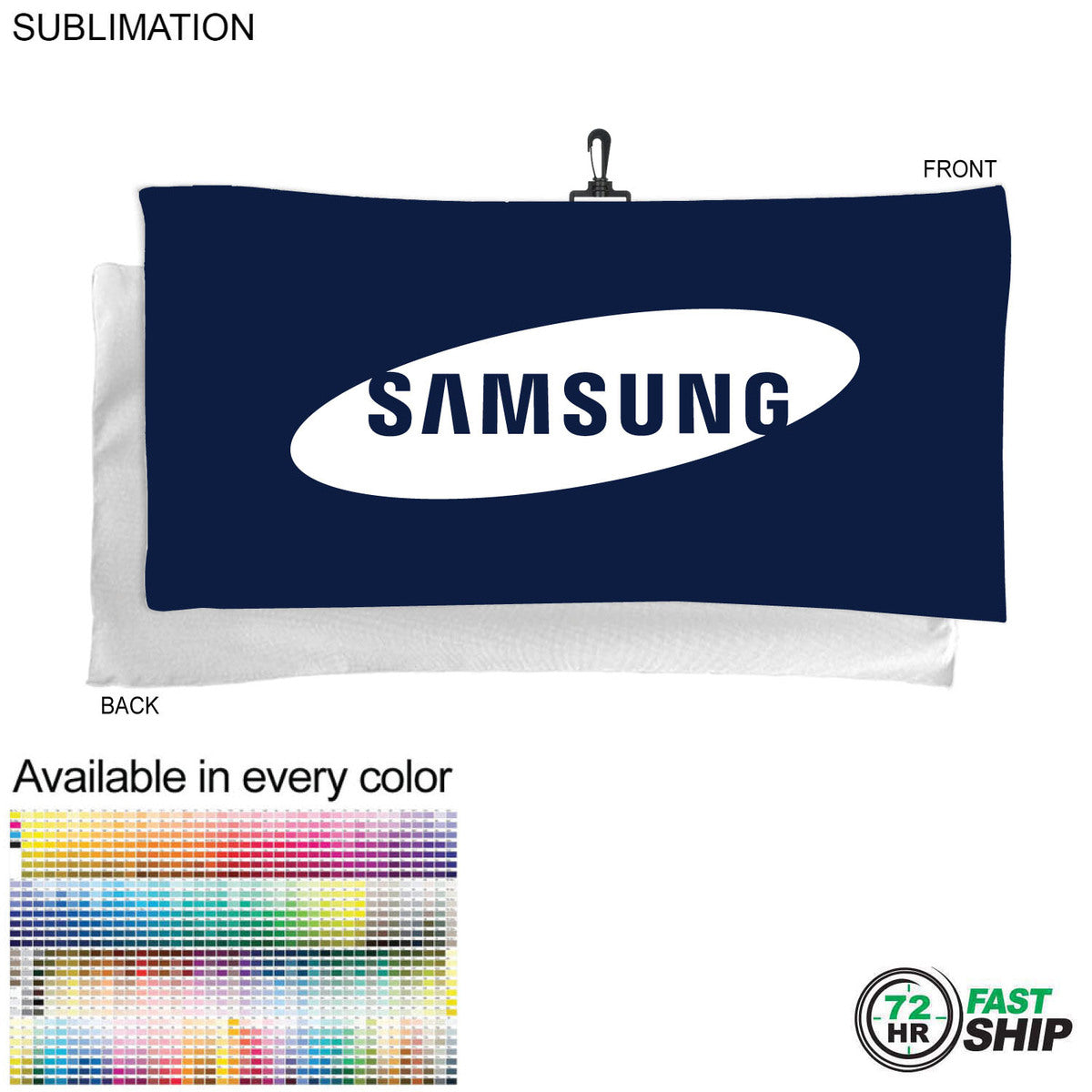 72 Hr Fast Ship - Oversized Golf Towel in Microfiber Terry, 20x40, with Black Hook, Sublimated