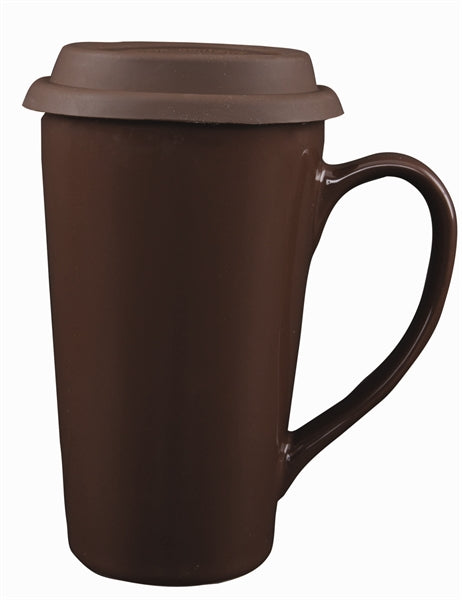 Summerside 14oz 2tone brown glossy handled double wall mug with brown lid