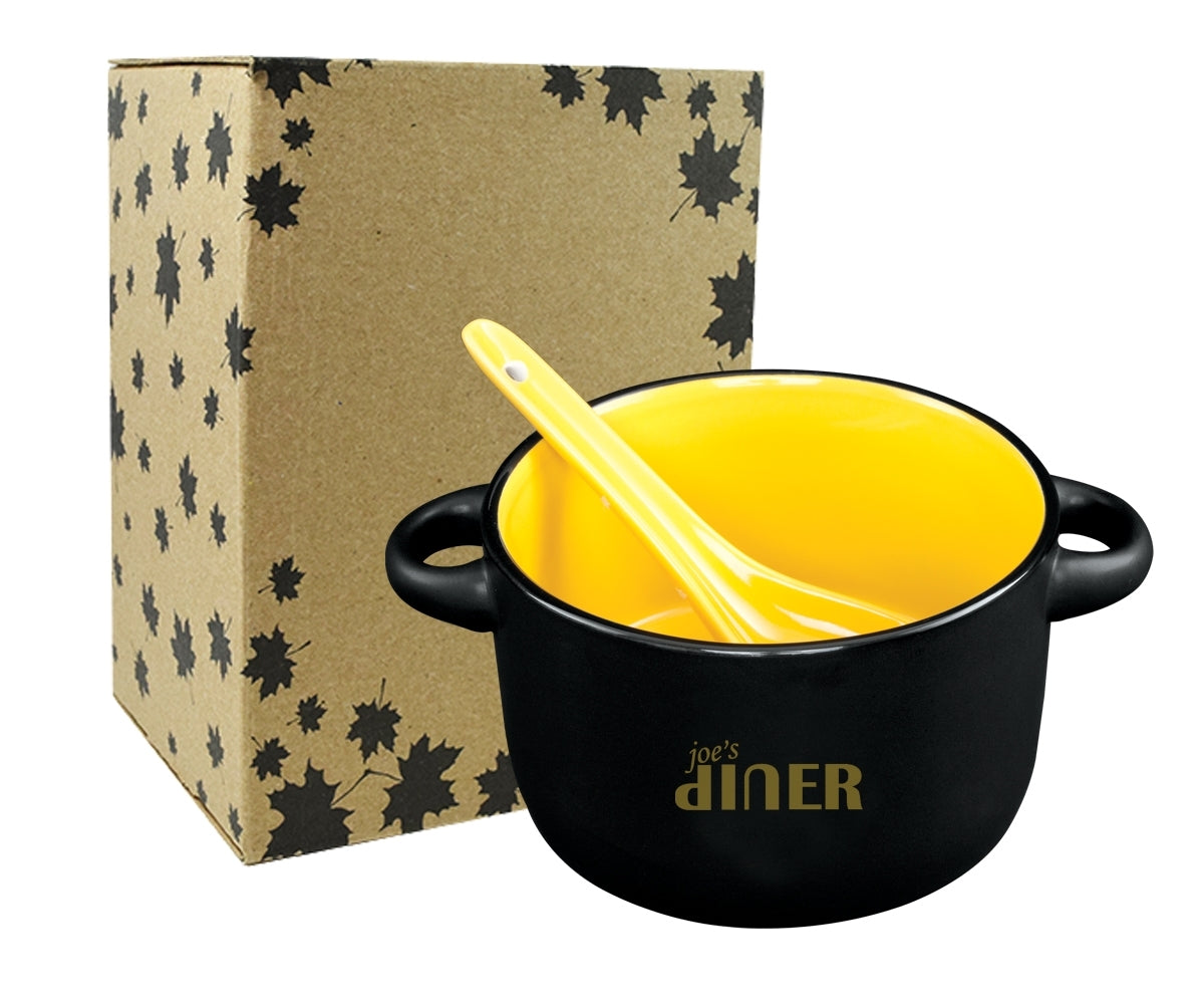 ~ Hilo 12.5oz 2tone black/yellow bowl with spoon in Black Leaf gift box