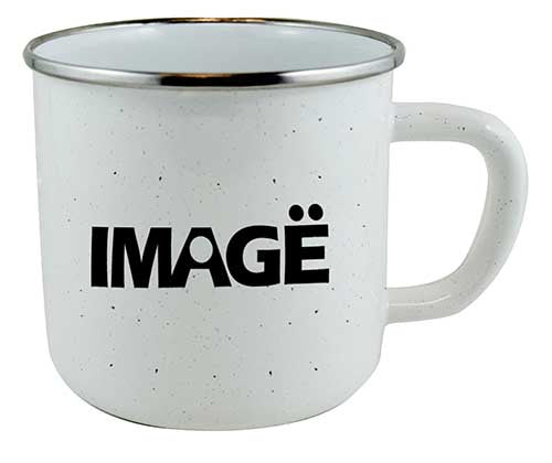 Happy Camper enamel 18oz mug w/SS rim white with black dots