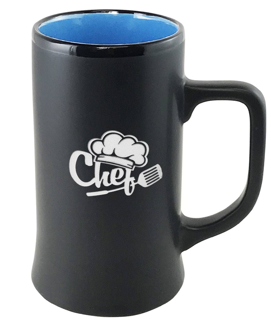 Cambria 14oz ceramic stein matte black with sky blue interior in Ripple gift box - Etched