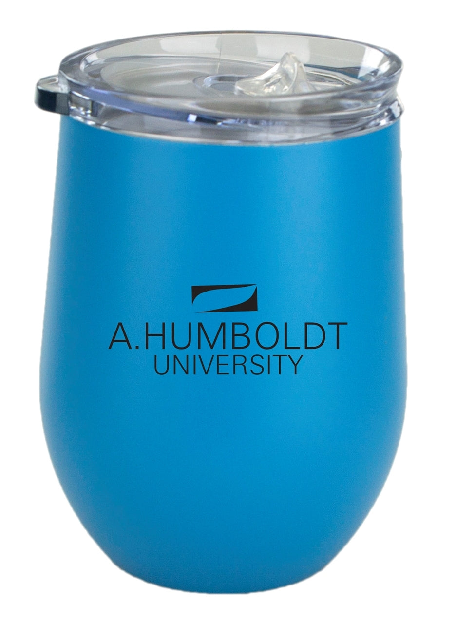 Cancun 12oz vacuum insulated stainless steel stemless tumbler, blue with clear lid