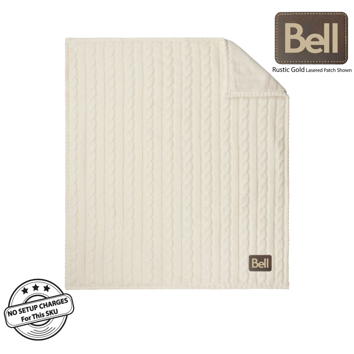 24 Hr Express Ship -Premium Cable Knit Cotton Throw, 50x60, with Lasered logo patch, NO SETUP CHARGE