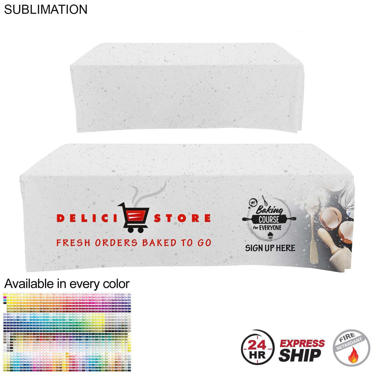 24 Hr Express Ship - Sublimated Box Style Fitted Tablecloth for 8' Table, 4 sided, Closed back