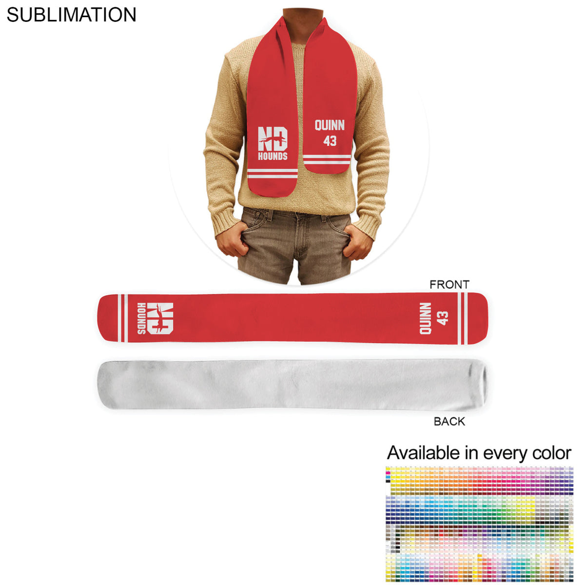 Team Scarf in Ultra Soft and Smooth Microfleece Scarf, 6x50, Sublimated Edge to Edge 1 side