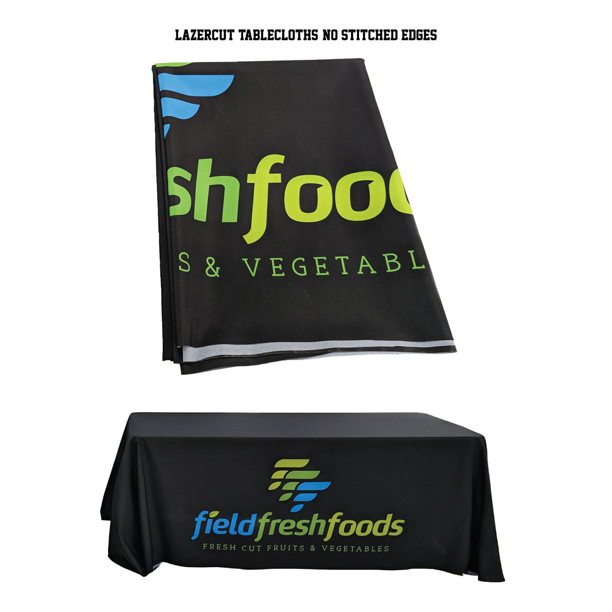 24Hr Express Ship - 6' LazerCut 4-Sided PREMIUM Sublimated Tablecloth, Drape Style, Closed Back