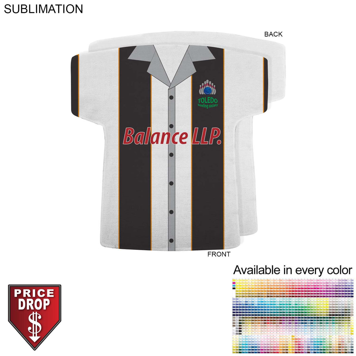 Bowling Shirt Shape Microfiber Dri-Lite Terry Keepsake Towel, 17x18, Sublimated Front Side