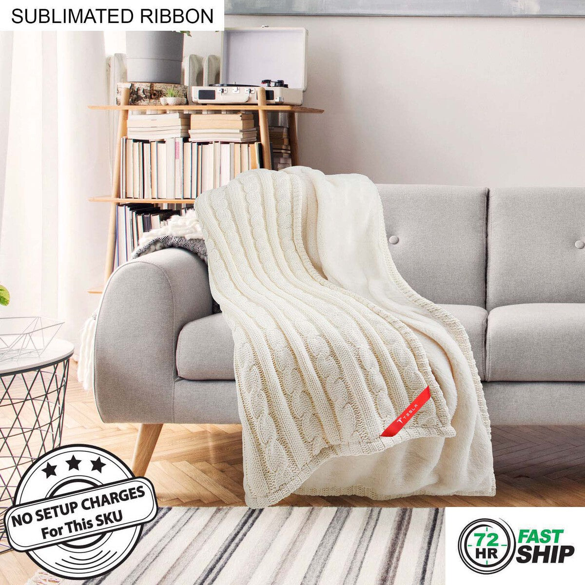 72 Hr Fast Ship - Premium Cable Knit Cotton Throw, 50x60, with Sublimated Ribbon, NO SETUP CHARGE