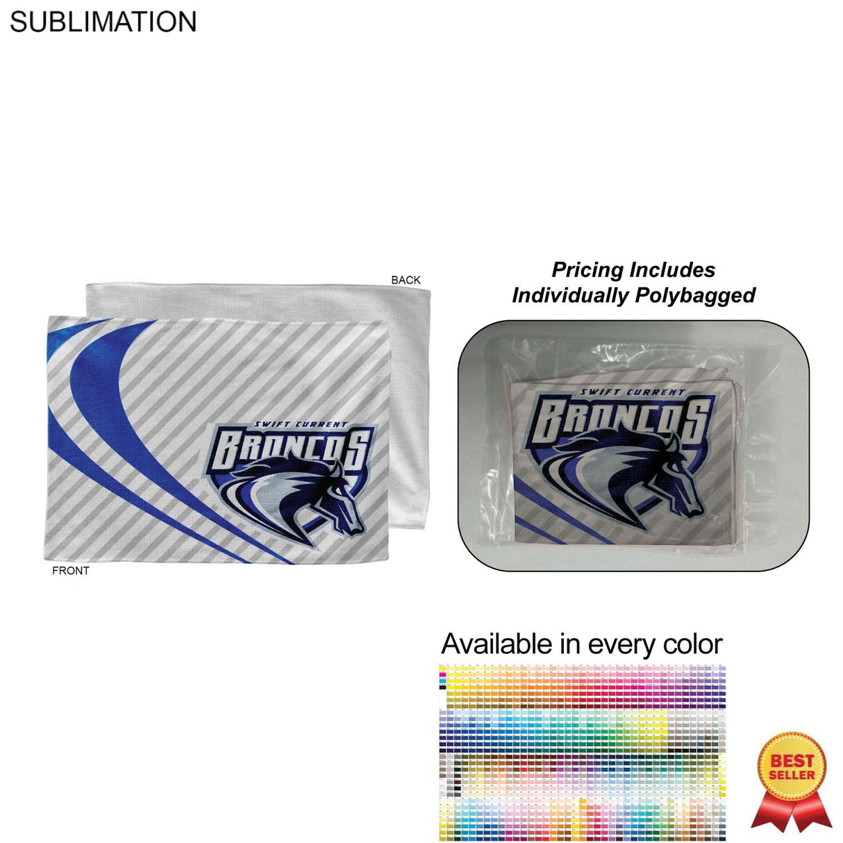 Individually Polybagged Colored Microfiber Dri-Lite Terry Rally, Skate Towel, 12x18, Sublimated